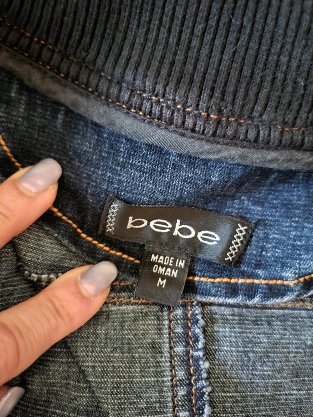 bebe Blue Denim Zip Jacket with black Rib Collar. Sz M